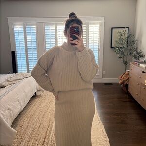 Elegant Beige Knit Sweater and Skirt Set